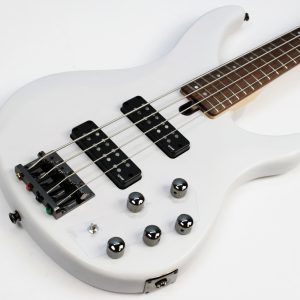Yamaha TRBX304 4-string bass white front of body angled