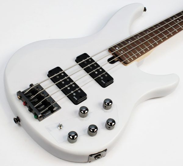 Yamaha TRBX304 4-string bass white front of body angled