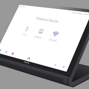 Crestron TS-1070-B-S 10.1" Tabletop Touch Screen in black smooth finish, front display powered on.