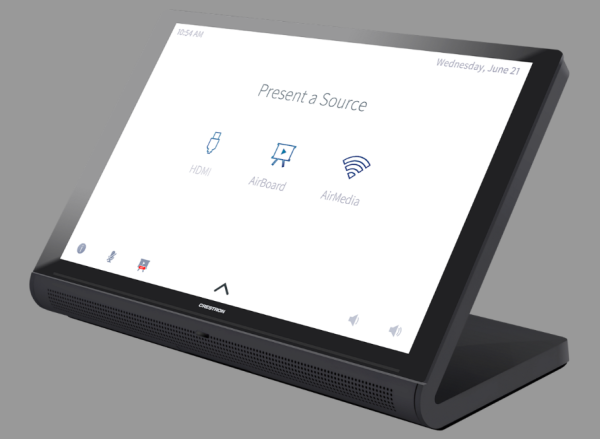 Crestron TS-1070-B-S 10.1" Tabletop Touch Screen in black smooth finish, front display powered on.