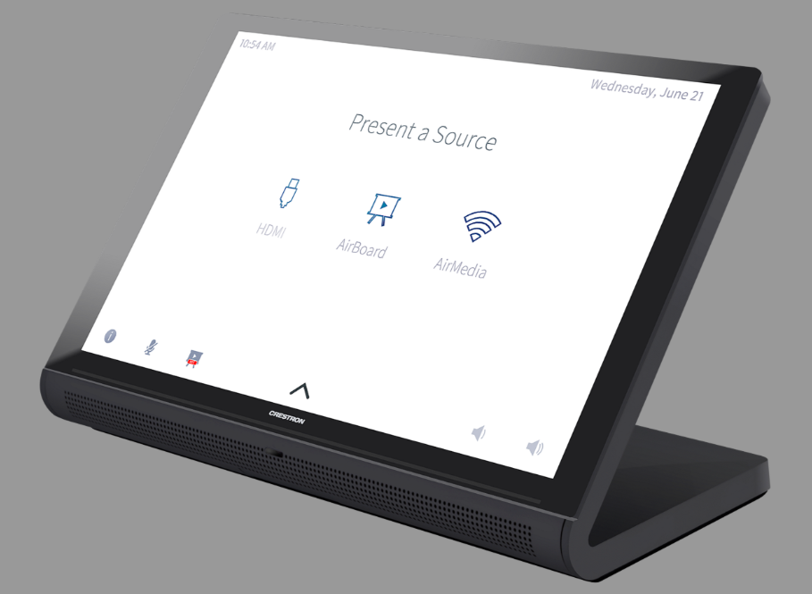 Crestron TS-1070-B-S 10.1" Tabletop Touch Screen in black smooth finish, front display powered on.