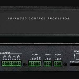 Rear panel ports on Crestron CP4N showing Ethernet, Cresnet, RS-232, USB, and relay connections