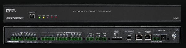 Rear panel ports on Crestron CP4N showing Ethernet, Cresnet, RS-232, USB, and relay connections