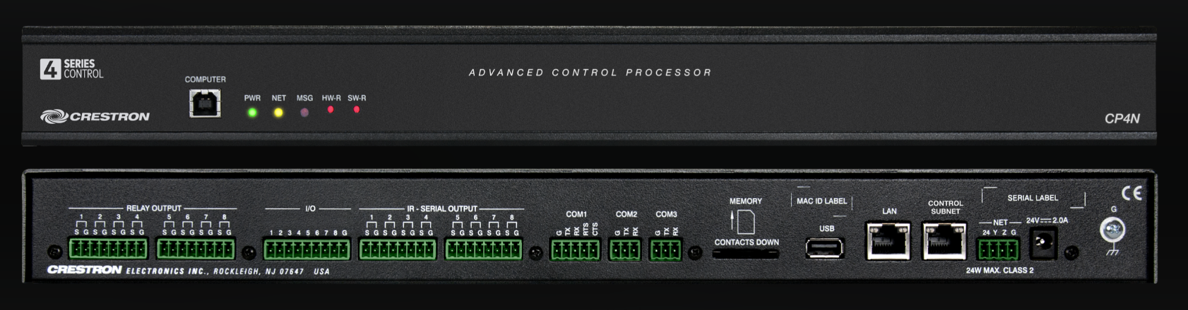 Rear panel ports on Crestron CP4N showing Ethernet, Cresnet, RS-232, USB, and relay connections