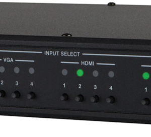 Crestron DMPS3-4K-150-C top view highlighting buttons, LEDs, and volume control