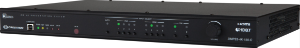 Crestron DMPS3-4K-150-C top view highlighting buttons, LEDs, and volume control