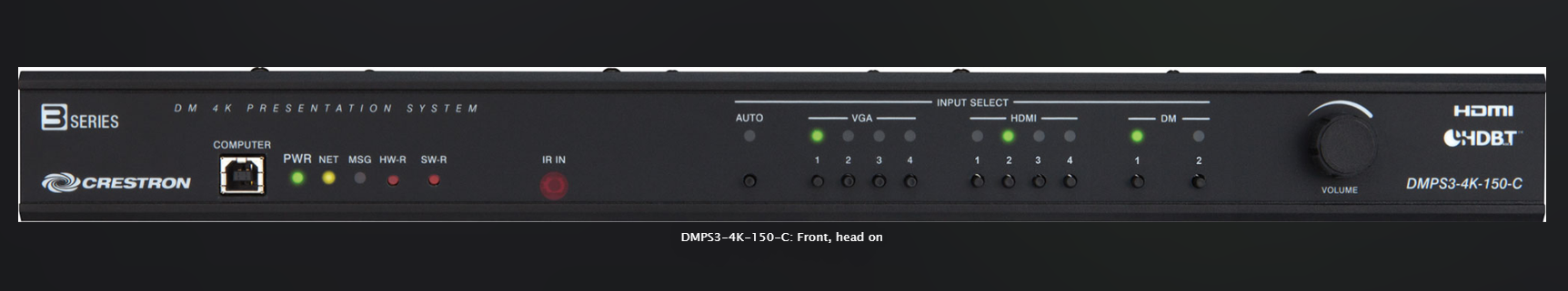 Front view of Crestron DMPS3-4K-150-C 3 Series 4K DigitalMedia Presentation System, black, MINT OPEN BOX