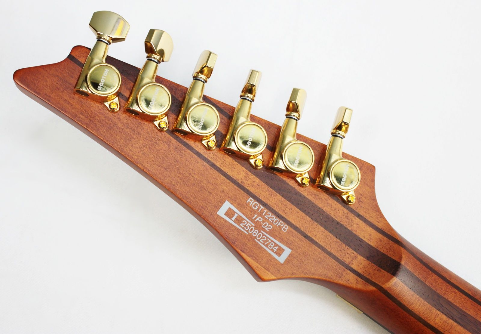 IMG_8542 Back of headstock view of Ibanez S1070PBZ-CLB Premium Electric Guitar with Poplar Burl Top