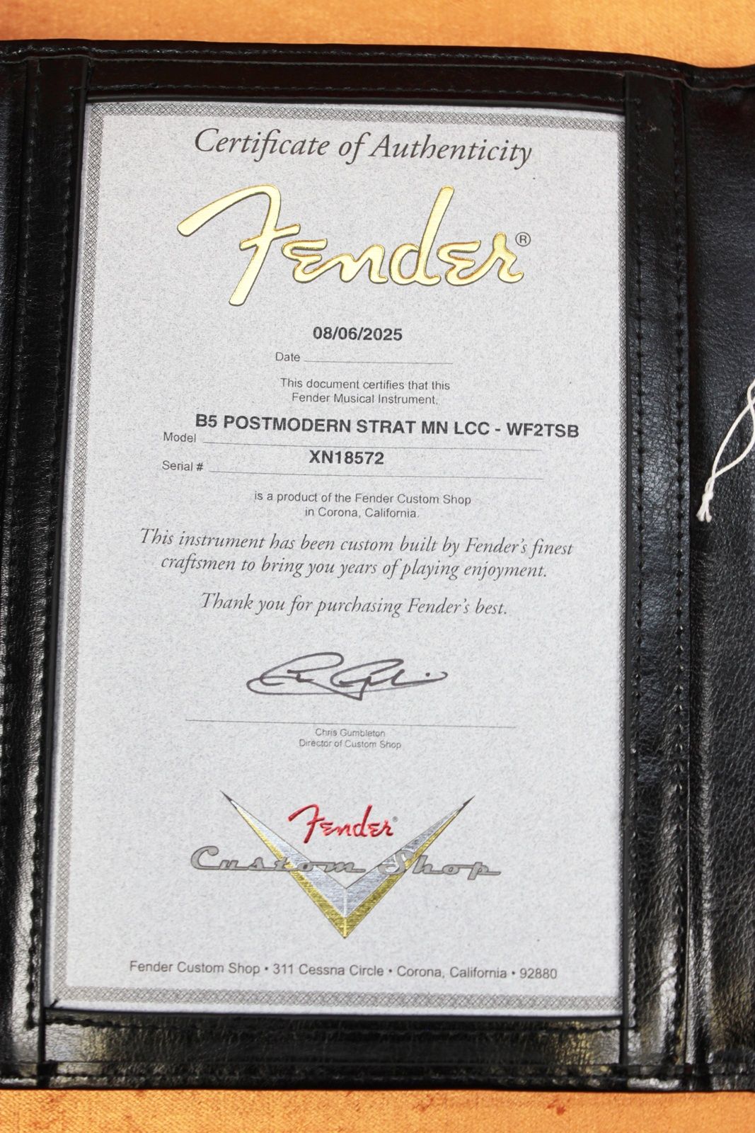 Fender Custom Shop B5 Postmodern Stratocaster 2025 - Two Tone Sunburst certificate of authenticity