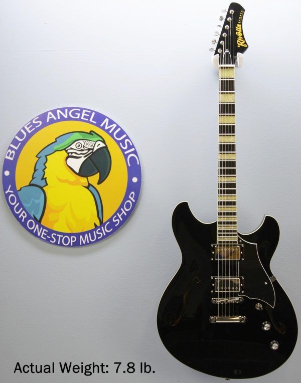 Rivolta Regata VII, Rivolta Guitars, Regata VII, Toro Black, 2021 Rivolta, semi-hollow guitar, electric guitar, offset guitar, dual humbuckers, Brevetto humbuckers, ebony fretboard, mahogany neck, maple body, center block guitar, set neck, 24 frets, boutique guitar, retro style guitar, Korean made guitar, nickel hardware, Tune-O-Matic bridge, stoptail tailpiece, black finish, Rivolta Mondata, Dennis Fano design, Fano inspired guitar, modern vintage guitar, alternative rock guitar, indie guitar, blues guitar, jazz guitar, collectible guitar, premium electric guitar