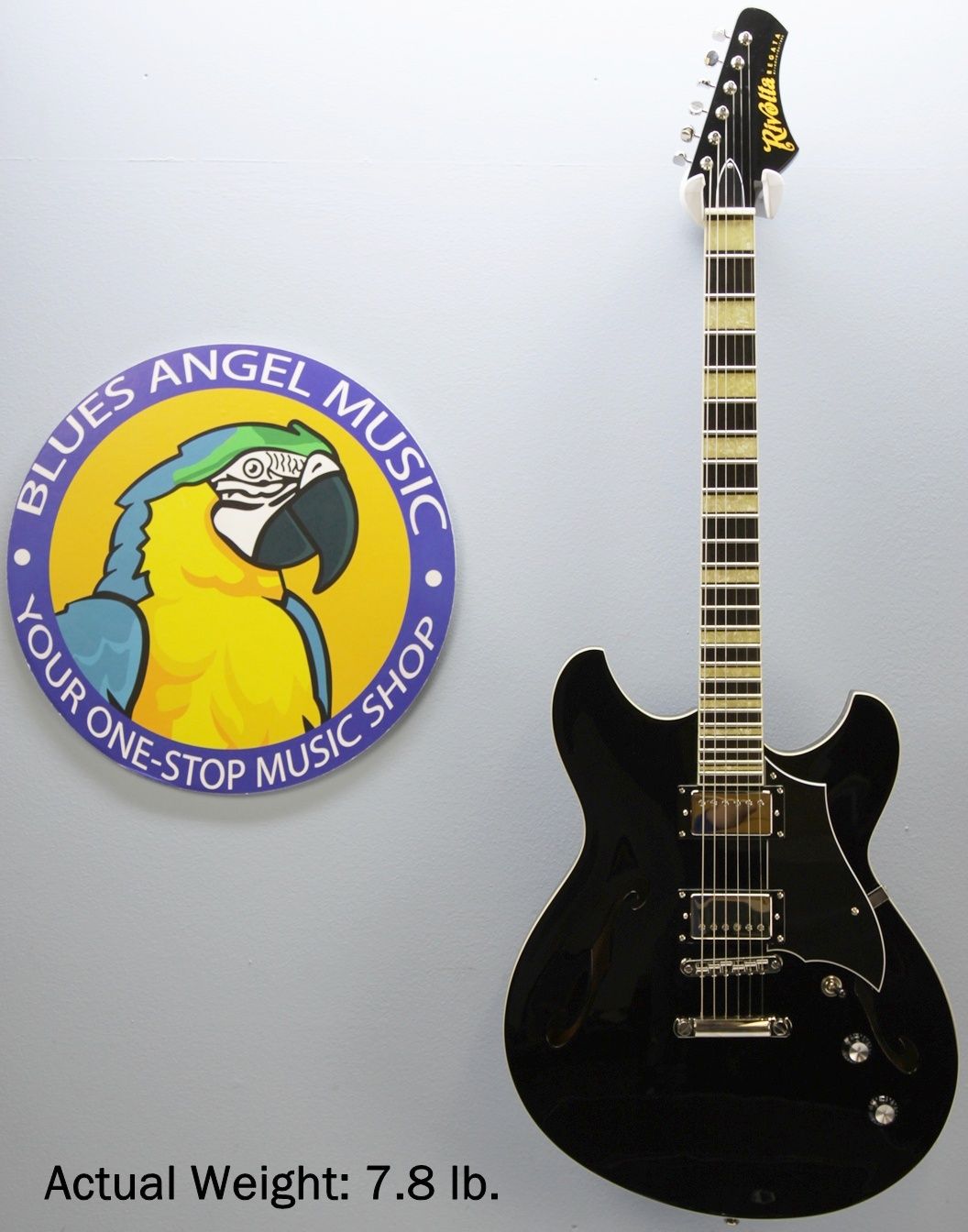 Rivolta Regata VII, Rivolta Guitars, Regata VII, Toro Black, 2021 Rivolta, semi-hollow guitar, electric guitar, offset guitar, dual humbuckers, Brevetto humbuckers, ebony fretboard, mahogany neck, maple body, center block guitar, set neck, 24 frets, boutique guitar, retro style guitar, Korean made guitar, nickel hardware, Tune-O-Matic bridge, stoptail tailpiece, black finish, Rivolta Mondata, Dennis Fano design, Fano inspired guitar, modern vintage guitar, alternative rock guitar, indie guitar, blues guitar, jazz guitar, collectible guitar, premium electric guitar