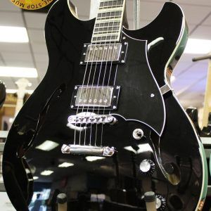 Rivolta Regata VII, Rivolta Guitars, Regata VII, Toro Black, 2021 Rivolta, semi-hollow guitar, electric guitar, offset guitar, dual humbuckers, Brevetto humbuckers, ebony fretboard, mahogany neck, maple body, center block guitar, set neck, 24 frets, boutique guitar, retro style guitar, Korean made guitar, nickel hardware, Tune-O-Matic bridge, stoptail tailpiece, black finish, Rivolta Mondata, Dennis Fano design, Fano inspired guitar, modern vintage guitar, alternative rock guitar, indie guitar, blues guitar, jazz guitar, collectible guitar, premium electric guitar
