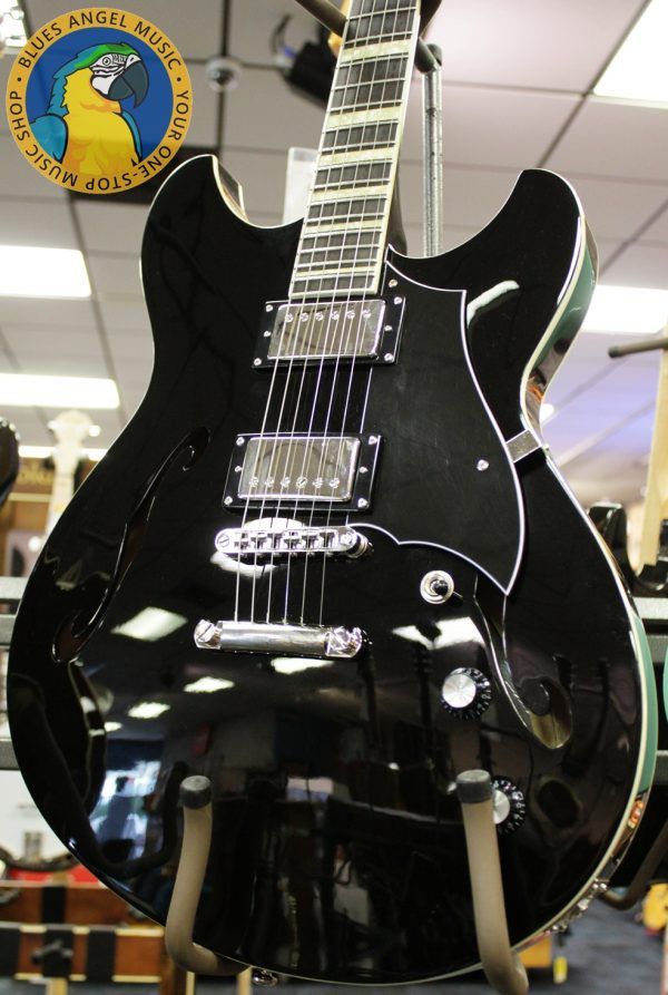 Rivolta Regata VII, Rivolta Guitars, Regata VII, Toro Black, 2021 Rivolta, semi-hollow guitar, electric guitar, offset guitar, dual humbuckers, Brevetto humbuckers, ebony fretboard, mahogany neck, maple body, center block guitar, set neck, 24 frets, boutique guitar, retro style guitar, Korean made guitar, nickel hardware, Tune-O-Matic bridge, stoptail tailpiece, black finish, Rivolta Mondata, Dennis Fano design, Fano inspired guitar, modern vintage guitar, alternative rock guitar, indie guitar, blues guitar, jazz guitar, collectible guitar, premium electric guitar