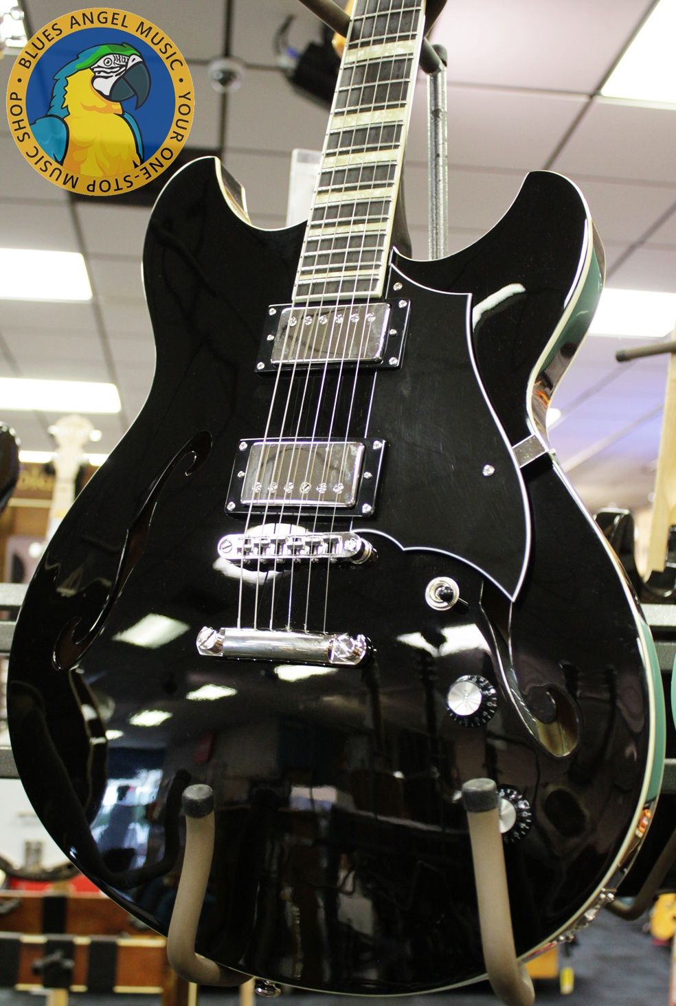 Rivolta Regata VII, Rivolta Guitars, Regata VII, Toro Black, 2021 Rivolta, semi-hollow guitar, electric guitar, offset guitar, dual humbuckers, Brevetto humbuckers, ebony fretboard, mahogany neck, maple body, center block guitar, set neck, 24 frets, boutique guitar, retro style guitar, Korean made guitar, nickel hardware, Tune-O-Matic bridge, stoptail tailpiece, black finish, Rivolta Mondata, Dennis Fano design, Fano inspired guitar, modern vintage guitar, alternative rock guitar, indie guitar, blues guitar, jazz guitar, collectible guitar, premium electric guitar