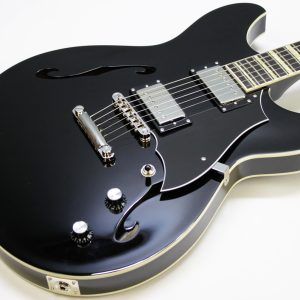 Rivolta Regata VII, Rivolta Guitars, Regata VII, Toro Black, 2021 Rivolta, semi-hollow guitar, electric guitar, offset guitar, dual humbuckers, Brevetto humbuckers, ebony fretboard, mahogany neck, maple body, center block guitar, set neck, 24 frets, boutique guitar, retro style guitar, Korean made guitar, nickel hardware, Tune-O-Matic bridge, stoptail tailpiece, black finish, Rivolta Mondata, Dennis Fano design, Fano inspired guitar, modern vintage guitar, alternative rock guitar, indie guitar, blues guitar, jazz guitar, collectible guitar, premium electric guitar