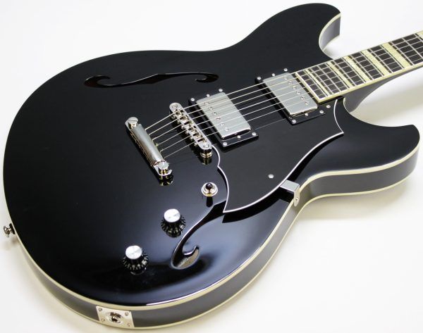 Rivolta Regata VII, Rivolta Guitars, Regata VII, Toro Black, 2021 Rivolta, semi-hollow guitar, electric guitar, offset guitar, dual humbuckers, Brevetto humbuckers, ebony fretboard, mahogany neck, maple body, center block guitar, set neck, 24 frets, boutique guitar, retro style guitar, Korean made guitar, nickel hardware, Tune-O-Matic bridge, stoptail tailpiece, black finish, Rivolta Mondata, Dennis Fano design, Fano inspired guitar, modern vintage guitar, alternative rock guitar, indie guitar, blues guitar, jazz guitar, collectible guitar, premium electric guitar