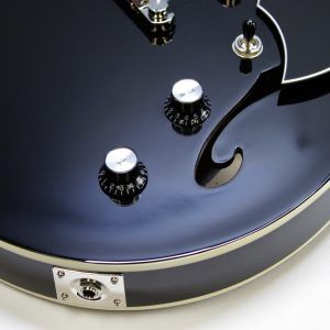 Rivolta Regata VII, Rivolta Guitars, Regata VII, Toro Black, 2021 Rivolta, semi-hollow guitar, electric guitar, offset guitar, dual humbuckers, Brevetto humbuckers, ebony fretboard, mahogany neck, maple body, center block guitar, set neck, 24 frets, boutique guitar, retro style guitar, Korean made guitar, nickel hardware, Tune-O-Matic bridge, stoptail tailpiece, black finish, Rivolta Mondata, Dennis Fano design, Fano inspired guitar, modern vintage guitar, alternative rock guitar, indie guitar, blues guitar, jazz guitar, collectible guitar, premium electric guitar