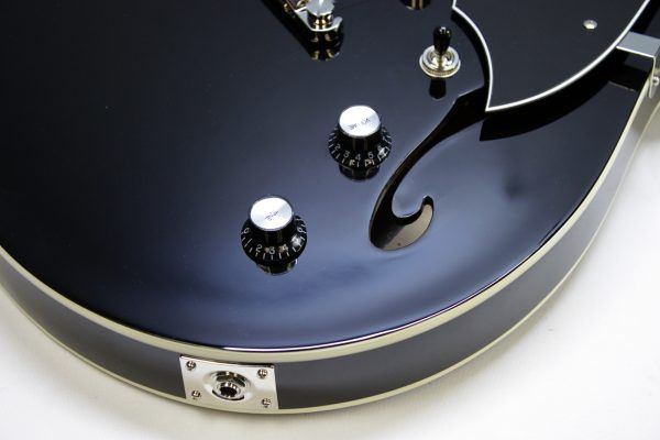 Rivolta Regata VII, Rivolta Guitars, Regata VII, Toro Black, 2021 Rivolta, semi-hollow guitar, electric guitar, offset guitar, dual humbuckers, Brevetto humbuckers, ebony fretboard, mahogany neck, maple body, center block guitar, set neck, 24 frets, boutique guitar, retro style guitar, Korean made guitar, nickel hardware, Tune-O-Matic bridge, stoptail tailpiece, black finish, Rivolta Mondata, Dennis Fano design, Fano inspired guitar, modern vintage guitar, alternative rock guitar, indie guitar, blues guitar, jazz guitar, collectible guitar, premium electric guitar