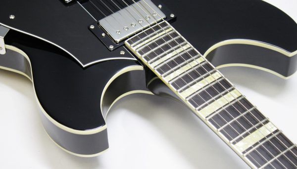 Rivolta Regata VII, Rivolta Guitars, Regata VII, Toro Black, 2021 Rivolta, semi-hollow guitar, electric guitar, offset guitar, dual humbuckers, Brevetto humbuckers, ebony fretboard, mahogany neck, maple body, center block guitar, set neck, 24 frets, boutique guitar, retro style guitar, Korean made guitar, nickel hardware, Tune-O-Matic bridge, stoptail tailpiece, black finish, Rivolta Mondata, Dennis Fano design, Fano inspired guitar, modern vintage guitar, alternative rock guitar, indie guitar, blues guitar, jazz guitar, collectible guitar, premium electric guitar