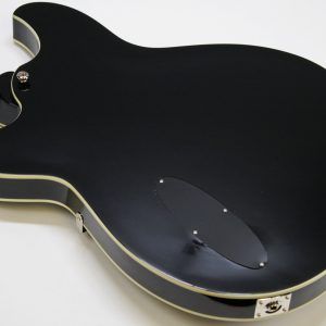 Rivolta Regata VII, Rivolta Guitars, Regata VII, Toro Black, 2021 Rivolta, semi-hollow guitar, electric guitar, offset guitar, dual humbuckers, Brevetto humbuckers, ebony fretboard, mahogany neck, maple body, center block guitar, set neck, 24 frets, boutique guitar, retro style guitar, Korean made guitar, nickel hardware, Tune-O-Matic bridge, stoptail tailpiece, black finish, Rivolta Mondata, Dennis Fano design, Fano inspired guitar, modern vintage guitar, alternative rock guitar, indie guitar, blues guitar, jazz guitar, collectible guitar, premium electric guitar