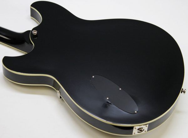 Rivolta Regata VII, Rivolta Guitars, Regata VII, Toro Black, 2021 Rivolta, semi-hollow guitar, electric guitar, offset guitar, dual humbuckers, Brevetto humbuckers, ebony fretboard, mahogany neck, maple body, center block guitar, set neck, 24 frets, boutique guitar, retro style guitar, Korean made guitar, nickel hardware, Tune-O-Matic bridge, stoptail tailpiece, black finish, Rivolta Mondata, Dennis Fano design, Fano inspired guitar, modern vintage guitar, alternative rock guitar, indie guitar, blues guitar, jazz guitar, collectible guitar, premium electric guitar