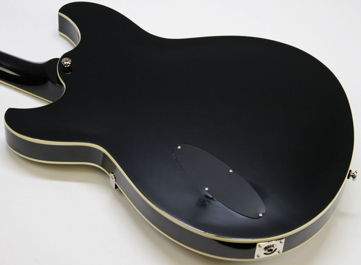 Rivolta Regata VII, Rivolta Guitars, Regata VII, Toro Black, 2021 Rivolta, semi-hollow guitar, electric guitar, offset guitar, dual humbuckers, Brevetto humbuckers, ebony fretboard, mahogany neck, maple body, center block guitar, set neck, 24 frets, boutique guitar, retro style guitar, Korean made guitar, nickel hardware, Tune-O-Matic bridge, stoptail tailpiece, black finish, Rivolta Mondata, Dennis Fano design, Fano inspired guitar, modern vintage guitar, alternative rock guitar, indie guitar, blues guitar, jazz guitar, collectible guitar, premium electric guitar
