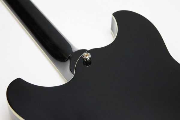 Rivolta Regata VII, Rivolta Guitars, Regata VII, Toro Black, 2021 Rivolta, semi-hollow guitar, electric guitar, offset guitar, dual humbuckers, Brevetto humbuckers, ebony fretboard, mahogany neck, maple body, center block guitar, set neck, 24 frets, boutique guitar, retro style guitar, Korean made guitar, nickel hardware, Tune-O-Matic bridge, stoptail tailpiece, black finish, Rivolta Mondata, Dennis Fano design, Fano inspired guitar, modern vintage guitar, alternative rock guitar, indie guitar, blues guitar, jazz guitar, collectible guitar, premium electric guitar