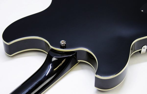 Rivolta Regata VII, Rivolta Guitars, Regata VII, Toro Black, 2021 Rivolta, semi-hollow guitar, electric guitar, offset guitar, dual humbuckers, Brevetto humbuckers, ebony fretboard, mahogany neck, maple body, center block guitar, set neck, 24 frets, boutique guitar, retro style guitar, Korean made guitar, nickel hardware, Tune-O-Matic bridge, stoptail tailpiece, black finish, Rivolta Mondata, Dennis Fano design, Fano inspired guitar, modern vintage guitar, alternative rock guitar, indie guitar, blues guitar, jazz guitar, collectible guitar, premium electric guitar
