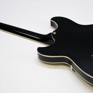 Rivolta Regata VII, Rivolta Guitars, Regata VII, Toro Black, 2021 Rivolta, semi-hollow guitar, electric guitar, offset guitar, dual humbuckers, Brevetto humbuckers, ebony fretboard, mahogany neck, maple body, center block guitar, set neck, 24 frets, boutique guitar, retro style guitar, Korean made guitar, nickel hardware, Tune-O-Matic bridge, stoptail tailpiece, black finish, Rivolta Mondata, Dennis Fano design, Fano inspired guitar, modern vintage guitar, alternative rock guitar, indie guitar, blues guitar, jazz guitar, collectible guitar, premium electric guitar