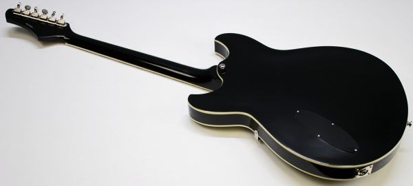 Rivolta Regata VII, Rivolta Guitars, Regata VII, Toro Black, 2021 Rivolta, semi-hollow guitar, electric guitar, offset guitar, dual humbuckers, Brevetto humbuckers, ebony fretboard, mahogany neck, maple body, center block guitar, set neck, 24 frets, boutique guitar, retro style guitar, Korean made guitar, nickel hardware, Tune-O-Matic bridge, stoptail tailpiece, black finish, Rivolta Mondata, Dennis Fano design, Fano inspired guitar, modern vintage guitar, alternative rock guitar, indie guitar, blues guitar, jazz guitar, collectible guitar, premium electric guitar