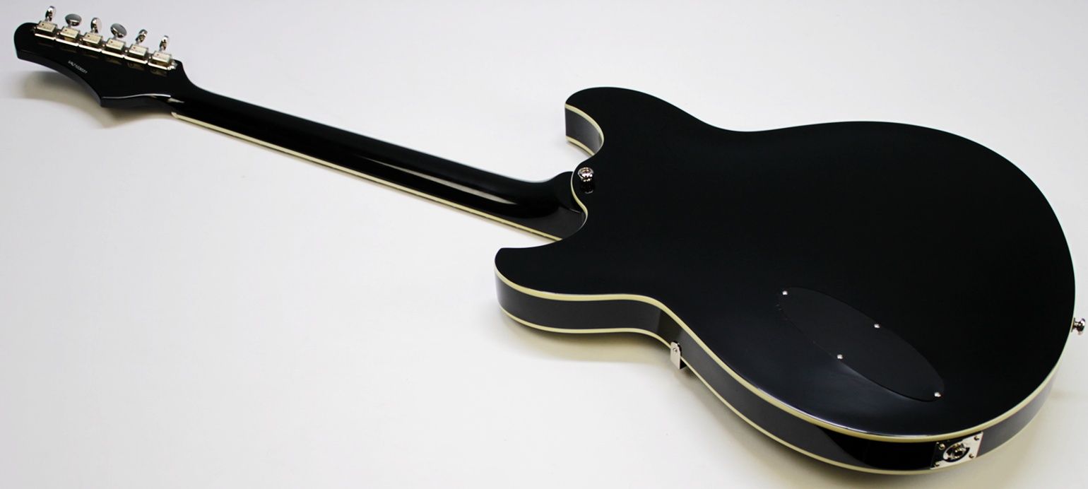 Rivolta Regata VII, Rivolta Guitars, Regata VII, Toro Black, 2021 Rivolta, semi-hollow guitar, electric guitar, offset guitar, dual humbuckers, Brevetto humbuckers, ebony fretboard, mahogany neck, maple body, center block guitar, set neck, 24 frets, boutique guitar, retro style guitar, Korean made guitar, nickel hardware, Tune-O-Matic bridge, stoptail tailpiece, black finish, Rivolta Mondata, Dennis Fano design, Fano inspired guitar, modern vintage guitar, alternative rock guitar, indie guitar, blues guitar, jazz guitar, collectible guitar, premium electric guitar