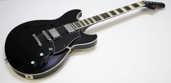 Rivolta Regata VII, Rivolta Guitars, Regata VII, Toro Black, 2021 Rivolta, semi-hollow guitar, electric guitar, offset guitar, dual humbuckers, Brevetto humbuckers, ebony fretboard, mahogany neck, maple body, center block guitar, set neck, 24 frets, boutique guitar, retro style guitar, Korean made guitar, nickel hardware, Tune-O-Matic bridge, stoptail tailpiece, black finish, Rivolta Mondata, Dennis Fano design, Fano inspired guitar, modern vintage guitar, alternative rock guitar, indie guitar, blues guitar, jazz guitar, collectible guitar, premium electric guitar