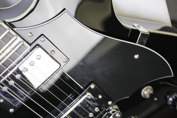 Rivolta Regata VII, Rivolta Guitars, Regata VII, Toro Black, 2021 Rivolta, semi-hollow guitar, electric guitar, offset guitar, dual humbuckers, Brevetto humbuckers, ebony fretboard, mahogany neck, maple body, center block guitar, set neck, 24 frets, boutique guitar, retro style guitar, Korean made guitar, nickel hardware, Tune-O-Matic bridge, stoptail tailpiece, black finish, Rivolta Mondata, Dennis Fano design, Fano inspired guitar, modern vintage guitar, alternative rock guitar, indie guitar, blues guitar, jazz guitar, collectible guitar, premium electric guitar