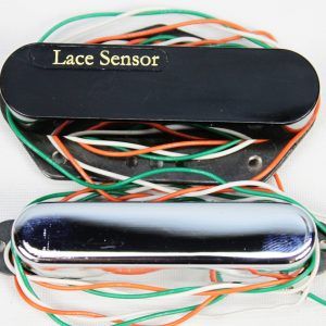 LACE Sensor, Lace Sensor Tele Plus, Lace Sensor Tele Plus 2-Pack, Telecaster pickups, Tele pickup set, Hot Gold pickups, Lace Sensor Hot Gold, noiseless pickups, Tele replacement pickups, black chrome pickups, electric guitar pickups, Fender Telecaster upgrade, single coil replacement, bridge and neck pickup set, made in USA pickups, 2010s guitar pickups both pickups with lead all wrapped around