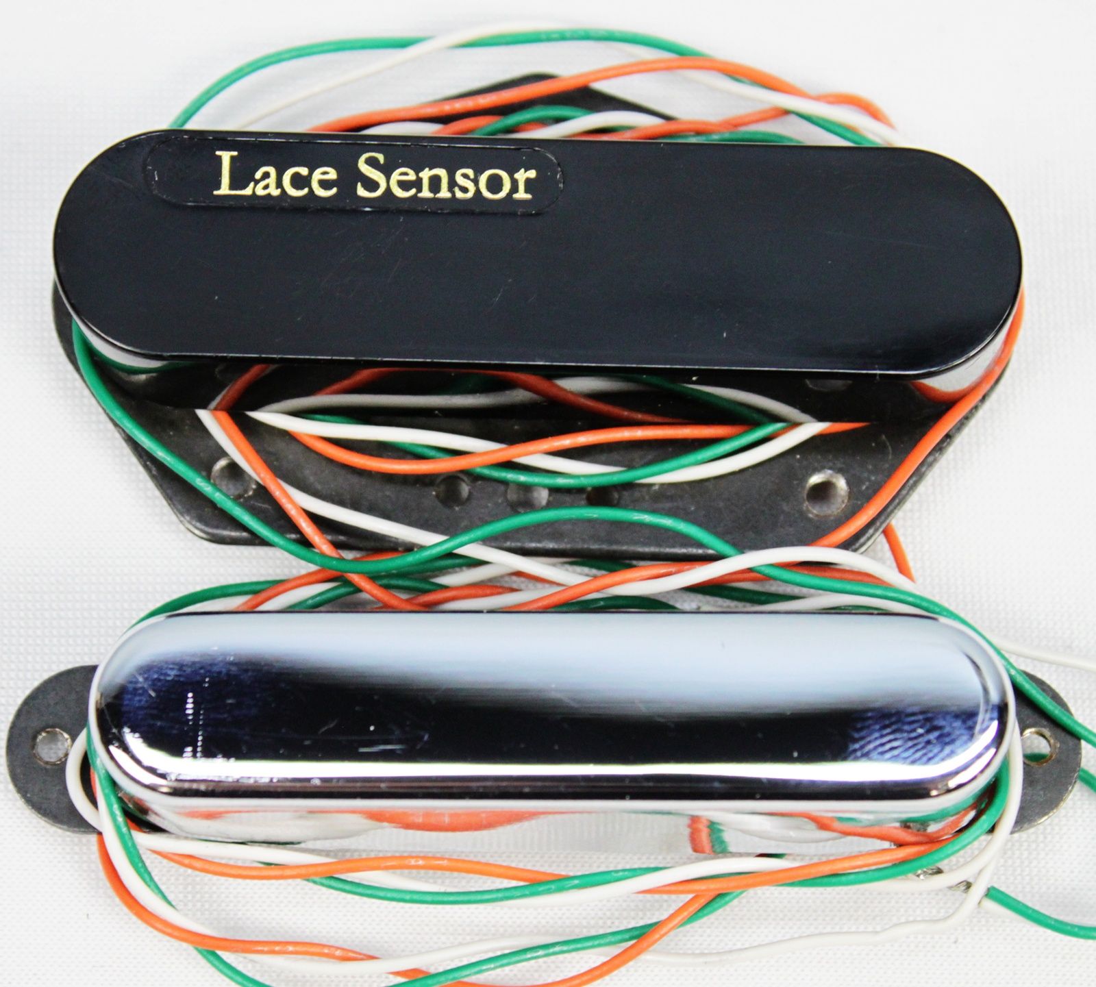 LACE Sensor, Lace Sensor Tele Plus, Lace Sensor Tele Plus 2-Pack, Telecaster pickups, Tele pickup set, Hot Gold pickups, Lace Sensor Hot Gold, noiseless pickups, Tele replacement pickups, black chrome pickups, electric guitar pickups, Fender Telecaster upgrade, single coil replacement, bridge and neck pickup set, made in USA pickups, 2010s guitar pickups both pickups with lead all wrapped around