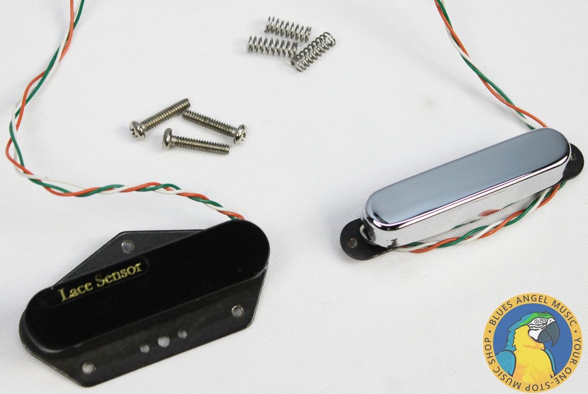 LACE Sensor, Lace Sensor Tele Plus, Lace Sensor Tele Plus 2-Pack, Telecaster pickups, Tele pickup set, Hot Gold pickups, Lace Sensor Hot Gold, noiseless pickups, Tele replacement pickups, black chrome pickups, electric guitar pickups, Fender Telecaster upgrade, single coil replacement, bridge and neck pickup set, made in USA pickups, 2010s guitar pickups mounting hardware