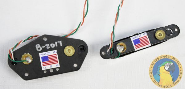 LACE Sensor, Lace Sensor Tele Plus, Lace Sensor Tele Plus 2-Pack, Telecaster pickups, Tele pickup set, Hot Gold pickups, Lace Sensor Hot Gold, noiseless pickups, Tele replacement pickups, black chrome pickups, electric guitar pickups, Fender Telecaster upgrade, single coil replacement, bridge and neck pickup set, made in USA pickups, 2010s guitar pickups back of pickups