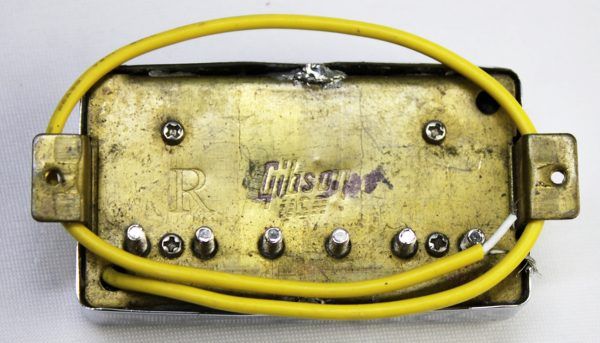 Gibson, Gibson USA, Gibson humbucker, Gibson bridge pickup, nickel humbucker, bridge pickup, humbucker pickup, electric guitar pickup, nickel pickup cover, passive pickup, replacement pickup, guitar electronics, Gibson replacement part, bridge position pickup, nickel finish pickup back front facing