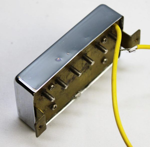 Gibson, Gibson USA, Gibson humbucker, Gibson bridge pickup, nickel humbucker, bridge pickup, humbucker pickup, electric guitar pickup, nickel pickup cover, passive pickup, replacement pickup, guitar electronics, Gibson replacement part, bridge position pickup, nickel finish pickup back angled 2