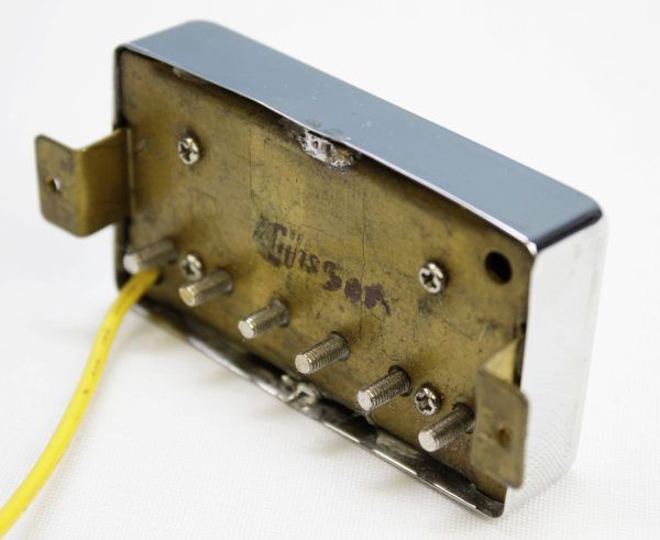Gibson, Gibson USA, Gibson humbucker, Gibson bridge pickup, nickel humbucker, bridge pickup, humbucker pickup, electric guitar pickup, nickel pickup cover, passive pickup, replacement pickup, guitar electronics, Gibson replacement part, bridge position pickup, nickel finish pickup back angled