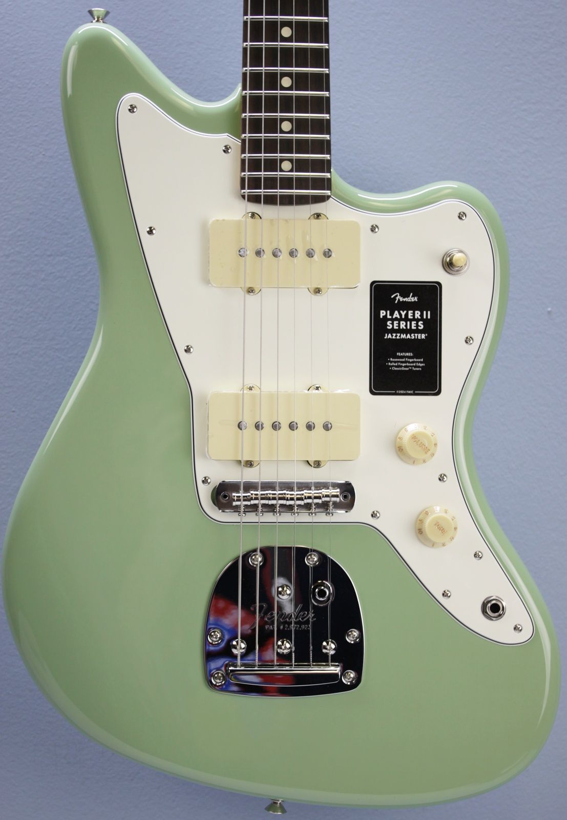 Fender Player II Jazzmaster, Fender Jazzmaster 2024, Fender Player II series, Jazzmaster electric guitar, Birch Green Jazzmaster, offset body guitar, Fender electric guitar, 2024 Fender Jazzmaster, modern Jazzmaster, alternative rock guitar, indie guitar, surf rock guitar, dual single coil pickups, tremolo system guitar, Fender offset guitar, maple neck Jazzmaster, rosewood fingerboard Jazzmaster, versatile electric guitar, stage ready guitar, studio guitar, classic Fender style, contemporary Fender guitar