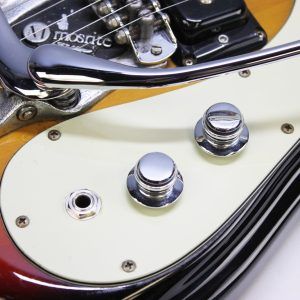 Mosrite, Ventures Model, Mk I, Fillmore, early 2000s, Sunburst, upgraded electronics, upgraded tremolo arm, vintage style guitar, offset electric guitar, surf rock guitar, collectible guitar, rare Mosrite, Japanese guitar, retro guitar, tremolo bridge, bolt-on neck, dual pickup guitar, classic sunburst finish, vintage inspired, player grade guitar, modded Mosrite, Ventures guitar, surf music, electric guitar, preowned guitar, stage ready guitar