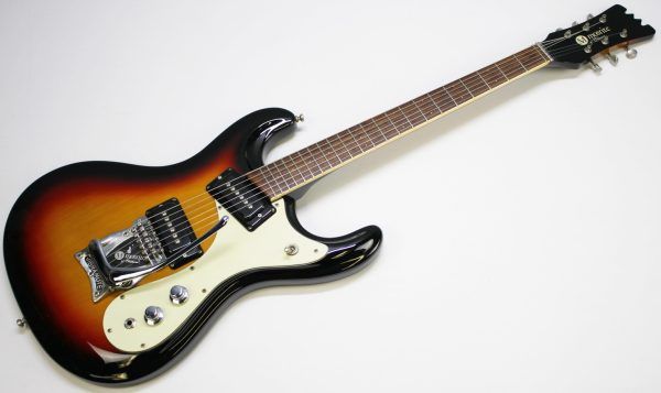 Mosrite, Ventures Model, Mk I, Fillmore, early 2000s, Sunburst, upgraded electronics, upgraded tremolo arm, vintage style guitar, offset electric guitar, surf rock guitar, collectible guitar, rare Mosrite, Japanese guitar, retro guitar, tremolo bridge, bolt-on neck, dual pickup guitar, classic sunburst finish, vintage inspired, player grade guitar, modded Mosrite, Ventures guitar, surf music, electric guitar, preowned guitar, stage ready guitar