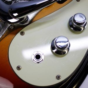 Mosrite, Ventures Model, Mk I, Fillmore, early 2000s, Sunburst, upgraded electronics, upgraded tremolo arm, vintage style guitar, offset electric guitar, surf rock guitar, collectible guitar, rare Mosrite, Japanese guitar, retro guitar, tremolo bridge, bolt-on neck, dual pickup guitar, classic sunburst finish, vintage inspired, player grade guitar, modded Mosrite, Ventures guitar, surf music, electric guitar, preowned guitar, stage ready guitar