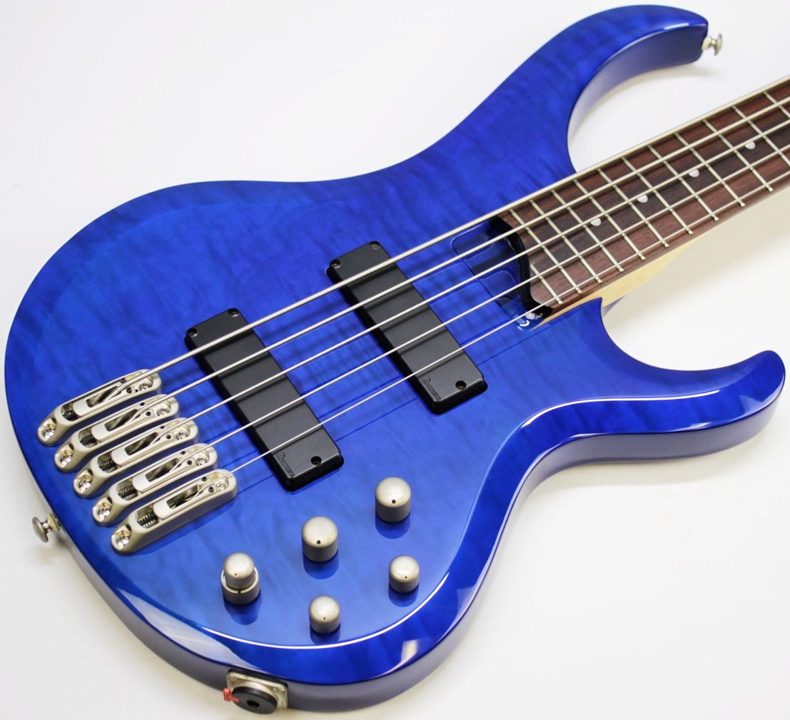 Ibanez, BTB400QM, BTB400QM-TB, Transparent Blue, 2001 Ibanez BTB400QM, 2002 Ibanez BTB400QM, Ibanez BTB bass, Ibanez bass guitar, 4-string bass, active bass, quilted maple top, basswood body, 35 inch scale, neck-through feel, BTB series, Korean made Ibanez, South Korea bass, rosewood fretboard, maple walnut neck, HH pickups, Vari-mid EQ, mono-rail bridge, blue bass guitar, transparent blue finish, extended scale bass, modern bass guitar, ergonomic bass, Ibanez Standard series, passive pickups active preamp, Gotoh tuners, BTB400QM Standard, early 2000s Ibanez bass, professional bass guitar, rock bass, metal bass, fusion bass, progressive bass