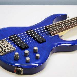 Ibanez, BTB400QM, BTB400QM-TB, Transparent Blue, 2001 Ibanez BTB400QM, 2002 Ibanez BTB400QM, Ibanez BTB bass, Ibanez bass guitar, 4-string bass, active bass, quilted maple top, basswood body, 35 inch scale, neck-through feel, BTB series, Korean made Ibanez, South Korea bass, rosewood fretboard, maple walnut neck, HH pickups, Vari-mid EQ, mono-rail bridge, blue bass guitar, transparent blue finish, extended scale bass, modern bass guitar, ergonomic bass, Ibanez Standard series, passive pickups active preamp, Gotoh tuners, BTB400QM Standard, early 2000s Ibanez bass, professional bass guitar, rock bass, metal bass, fusion bass, progressive bass
