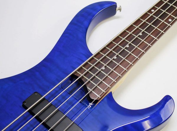 Ibanez, BTB400QM, BTB400QM-TB, Transparent Blue, 2001 Ibanez BTB400QM, 2002 Ibanez BTB400QM, Ibanez BTB bass, Ibanez bass guitar, 4-string bass, active bass, quilted maple top, basswood body, 35 inch scale, neck-through feel, BTB series, Korean made Ibanez, South Korea bass, rosewood fretboard, maple walnut neck, HH pickups, Vari-mid EQ, mono-rail bridge, blue bass guitar, transparent blue finish, extended scale bass, modern bass guitar, ergonomic bass, Ibanez Standard series, passive pickups active preamp, Gotoh tuners, BTB400QM Standard, early 2000s Ibanez bass, professional bass guitar, rock bass, metal bass, fusion bass, progressive bass