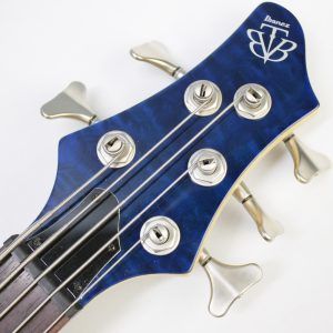 Ibanez, BTB400QM, BTB400QM-TB, Transparent Blue, 2001 Ibanez BTB400QM, 2002 Ibanez BTB400QM, Ibanez BTB bass, Ibanez bass guitar, 4-string bass, active bass, quilted maple top, basswood body, 35 inch scale, neck-through feel, BTB series, Korean made Ibanez, South Korea bass, rosewood fretboard, maple walnut neck, HH pickups, Vari-mid EQ, mono-rail bridge, blue bass guitar, transparent blue finish, extended scale bass, modern bass guitar, ergonomic bass, Ibanez Standard series, passive pickups active preamp, Gotoh tuners, BTB400QM Standard, early 2000s Ibanez bass, professional bass guitar, rock bass, metal bass, fusion bass, progressive bass