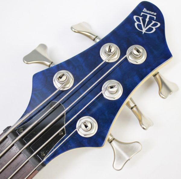Ibanez, BTB400QM, BTB400QM-TB, Transparent Blue, 2001 Ibanez BTB400QM, 2002 Ibanez BTB400QM, Ibanez BTB bass, Ibanez bass guitar, 4-string bass, active bass, quilted maple top, basswood body, 35 inch scale, neck-through feel, BTB series, Korean made Ibanez, South Korea bass, rosewood fretboard, maple walnut neck, HH pickups, Vari-mid EQ, mono-rail bridge, blue bass guitar, transparent blue finish, extended scale bass, modern bass guitar, ergonomic bass, Ibanez Standard series, passive pickups active preamp, Gotoh tuners, BTB400QM Standard, early 2000s Ibanez bass, professional bass guitar, rock bass, metal bass, fusion bass, progressive bass