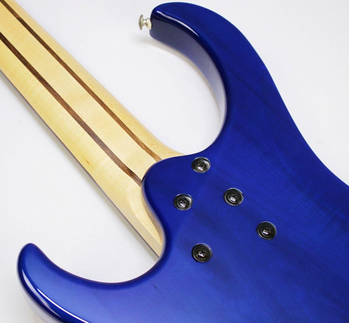 Ibanez, BTB400QM, BTB400QM-TB, Transparent Blue, 2001 Ibanez BTB400QM, 2002 Ibanez BTB400QM, Ibanez BTB bass, Ibanez bass guitar, 4-string bass, active bass, quilted maple top, basswood body, 35 inch scale, neck-through feel, BTB series, Korean made Ibanez, South Korea bass, rosewood fretboard, maple walnut neck, HH pickups, Vari-mid EQ, mono-rail bridge, blue bass guitar, transparent blue finish, extended scale bass, modern bass guitar, ergonomic bass, Ibanez Standard series, passive pickups active preamp, Gotoh tuners, BTB400QM Standard, early 2000s Ibanez bass, professional bass guitar, rock bass, metal bass, fusion bass, progressive bass